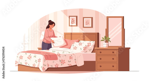 A serene illustration of a woman making her bed in a pastel-toned bedroom