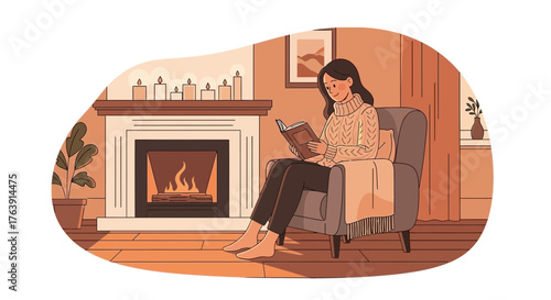 Illustrative depiction of a woman engrossed in a book near a cozy fireplace scene