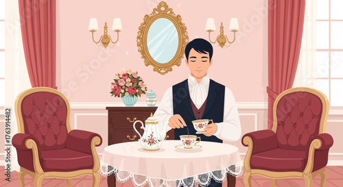 Elegance in Stillness: A Gentleman's Afternoon Tea Amidst Classic Serenity