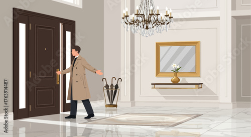Elegant arrival: Sophisticated man entering a luxurious foyer under chandelier light