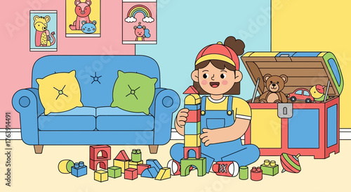 Illustration of a child playing with blocks in a playroom filled with toys and furniture
