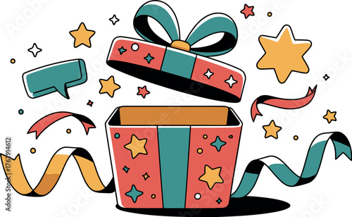 Open gift box illustration with stars and ribbons for birthday celebration design vector