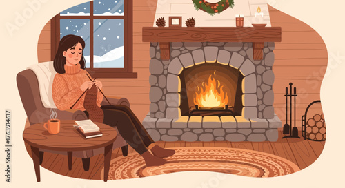 Warm Winter Retreat: A Cozy Scene of a Woman Knitting by the Fireplace