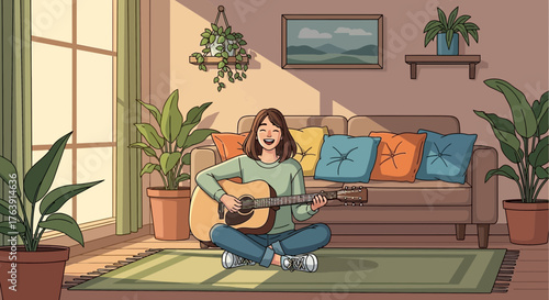 Illustration of a smiling woman playing guitar in a cozy, plant-filled living room