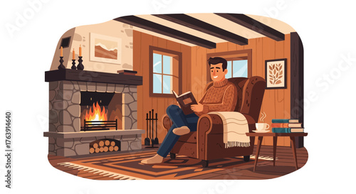Cozy day indoors, man reading by the fireplace in a rustic cabin setting
