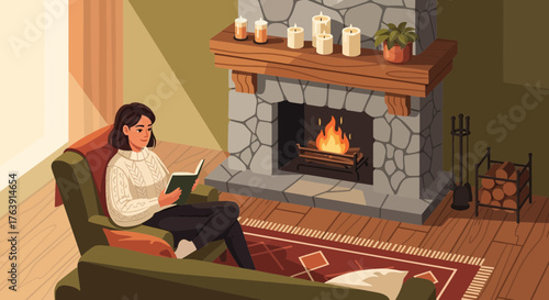 Serene illustration of a woman reading by a cozy fireplace indoors
