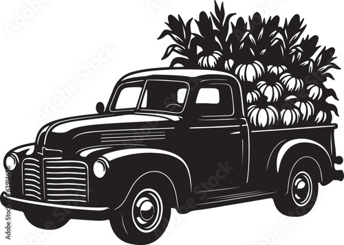 Vintage Pickup Truck Loaded with Pumpkins and Autumn Foliage Silhouette gfggg on transparent background