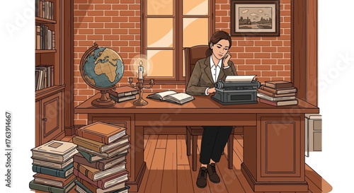 Contemplative writer at her desk, vintage charm and creative inspiration evoked