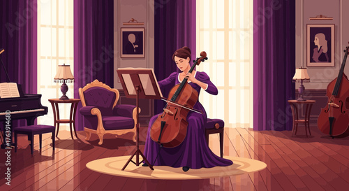Elegant cellist playing in a sophisticated living room with artistic decor