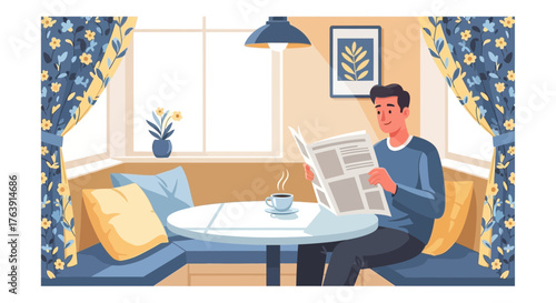 A man reading a newspaper in a cozy corner setting with natural sunlight