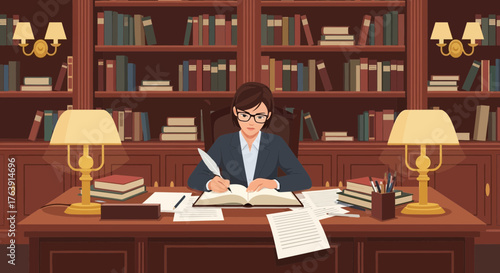Woman engrossed in literary work using a quill in a classic library setting