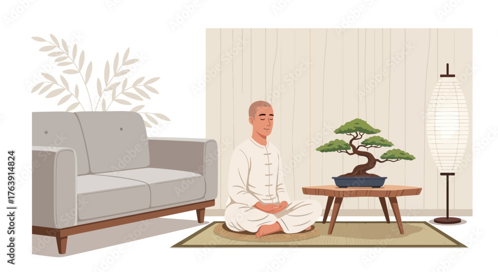 Fototapeta premium Mindful meditation practice indoors with bonsai tree and minimalist decor