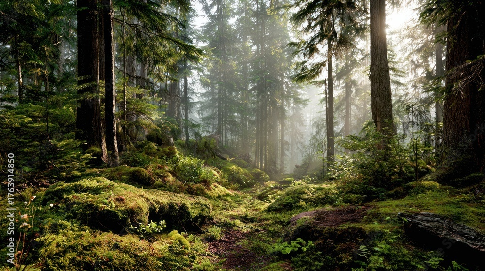 Obraz premium Sunlit misty forest floor covered in lush green moss and tall trees.