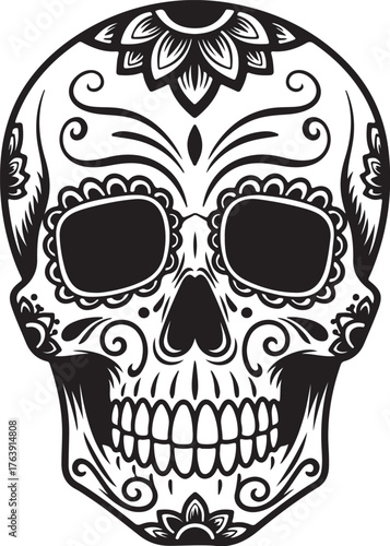 Black and white sugar skull with intricate floral and scrollwork decorations Keywords: skull, sugar skull, day of the dead, dia de los muertos, calavera, skeleton, death, on transparent background