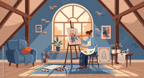 Creative Inspiration: An Artist's Haven in a Cozy Attic Studio Filled with Light