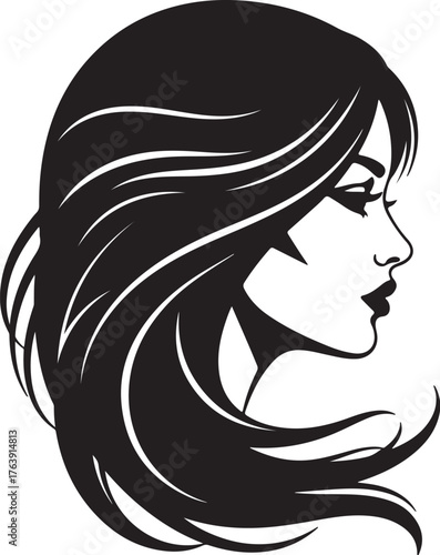 Black silhouette of a woman's profile with long flowing hair and makeup Keywords: woman, silhouette, profile, female, hair, long hair, flowing hair, beauty, fashion, makeup, on transparent background