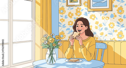 Delightful morning moment: Young woman enjoys breakfast toast in sunlit room