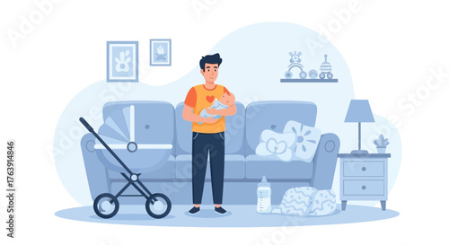 Fatherhood bliss: A dad holding his baby in a nurturing, cozy home setting