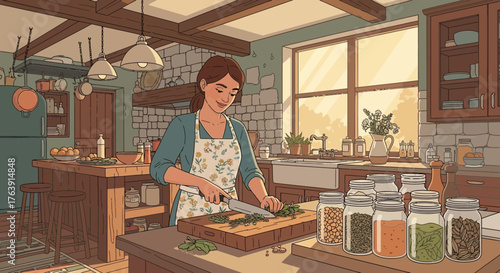 Warm kitchen scene: A woman preparing food with jars and sunlight filtering through
