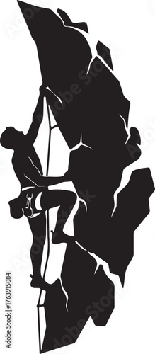 Silhouette of a male rock climber ascending a challenging rock face with ropes and gear rock climbing on transparent background