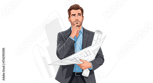 Thoughtful architect holding blueprints a vector illustration of a man in a suit isolated on white background