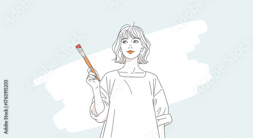 Young woman holding a paintbrush minimalist line art illustration creative concept for art and design projects