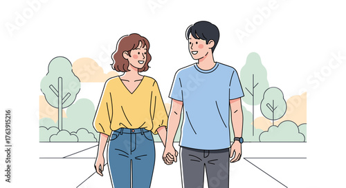 Young Asian couple holding hands walking in a park vector illustration in flat design style