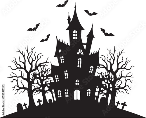 Silhouette of a Haunted House with Bats and Graveyard on a White Background Keywords: haunted house, spooky, Halloween, silhouette, black and white, bats, graveyard, on transparent background