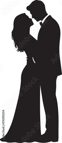 Silhouette of a Couple Embracing and Kissing on a White Background Keywords: couple, love, romance, silhouette, black and white, embracing, kissing, romantic, elegant, on transparent background