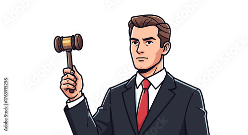 Auctioneer holding a gavel illustration of a man in a suit isolated on white background