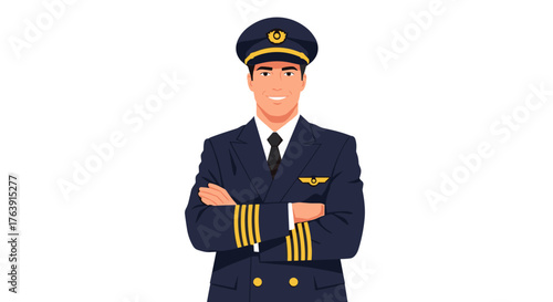 Confident airline pilot with arms crossed wearing a uniform and hat vector illustration isolated on white background