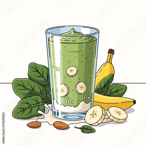 Healthy green smoothie with banana spinach and almonds illustration.