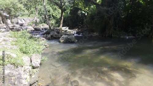 Tranquil River Scene Surrounded by Lush Greenery and Rocky Shoreline in Natural Setting
