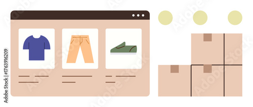 Online store interface displaying shirt, pants, and sneakers with delivery boxes. Ideal for e-commerce, retail, online shopping, logistics, inventory management, order fulfillment simple flat