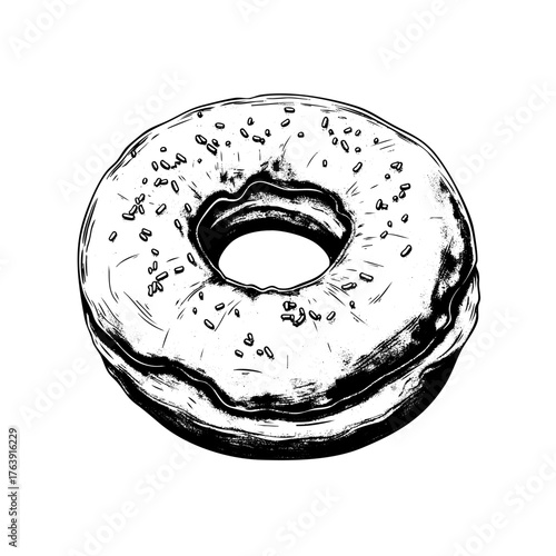 Detailed black and white vector illustration of a glazed donut topped with sprinkles, rendered in a vintage engraving or hand-drawn sketch style, isolated on a white background.