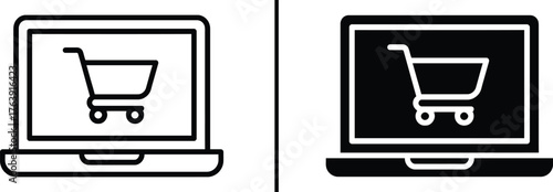 E-commerce Shopping Cart Icon: Minimalistic and clear, this graphic captures the essence of online retail, with a shopping cart superimposed on a laptop screen.