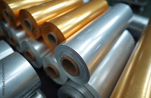Close up photo of rolled aluminum foil. Shiny rolls in industrial warehouse. Gold and silver color materials for packaging. Production process at the plant.