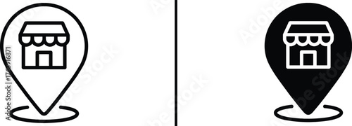 Shop Location Icons: Minimalist shop location icons, the symbols point the way to a place of commerce and goods in two contrast styles. Perfect for location services, business listings.