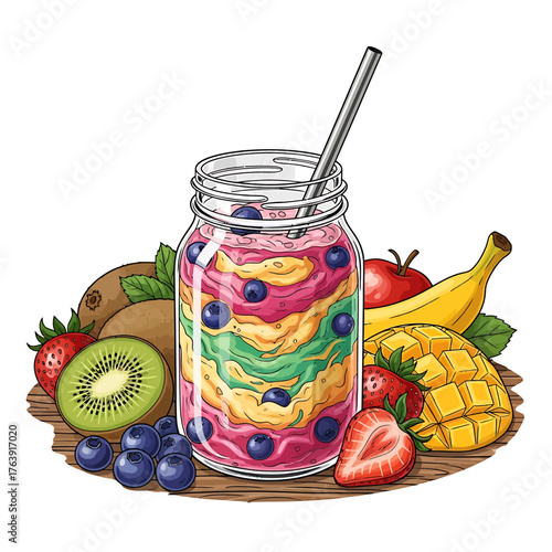Vibrant rainbow fruit smoothie in a glass jar surrounded by fresh fruits.