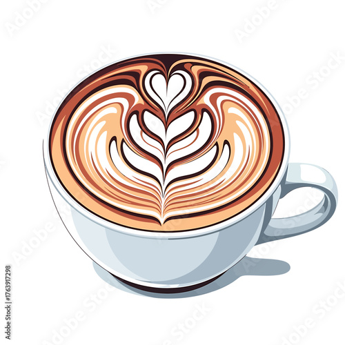 A white ceramic cup of coffee with beautiful heart shaped latte art.
