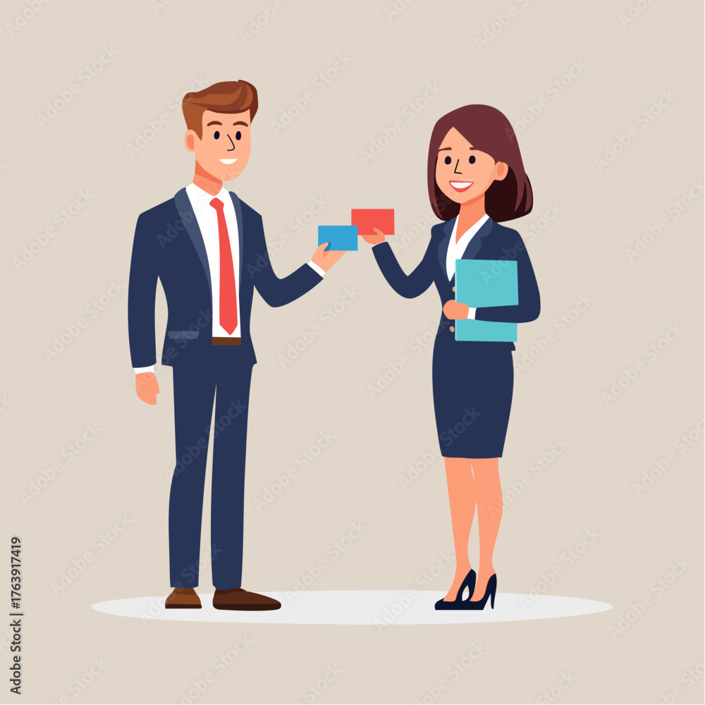 Fototapeta premium Man and Woman Exchanging Business Cards, Vector Illustration