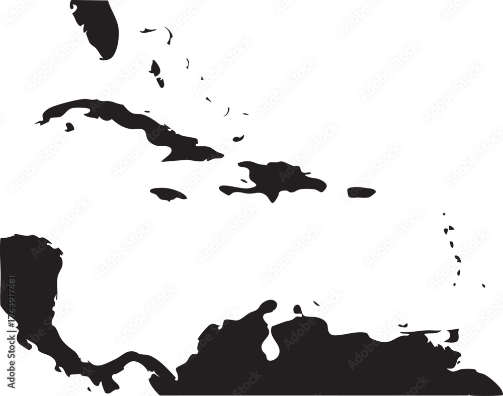 Naklejka premium Central America and Caribbean Region Map and Silhouette Shape