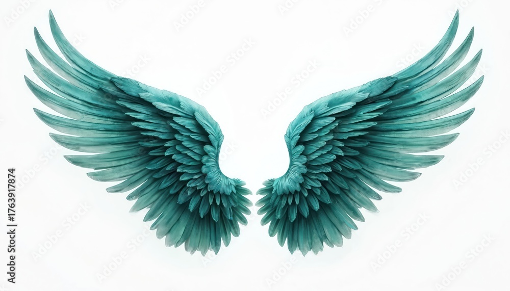 Obraz premium Pair of detailed teal angel wings spread wide, on clean white background. Feathered design freedom, flight, spiritual aspiration. Elegant graphic element perfect for logo design, art projects, divine