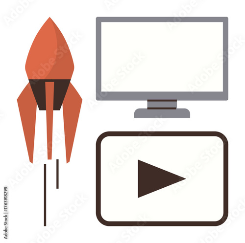 Rocket launching upward, play button within a rectangle, and blank monitor symbolize creativity, multimedia growth, and tech innovation. Ideal for startup, digital media, development, technology