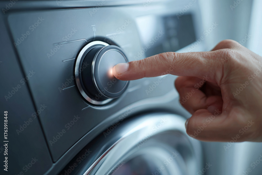 Naklejka premium Hand pressing the start button on washing machine