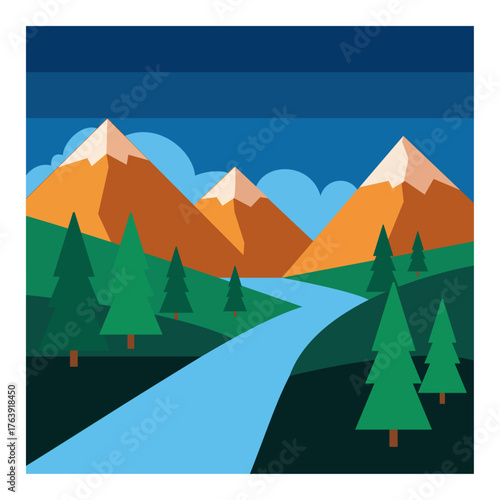 Stylized Geometric Mountain Landscape Illustration with River, Pine Trees, and Dark Blue Sky.