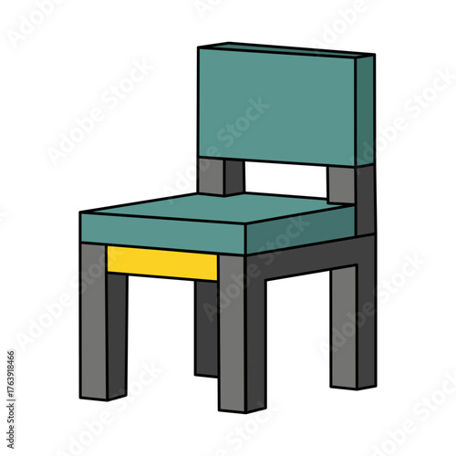 Teal and grey blocky chair with yellow accent, simple geometric design, modern furniture illustration.