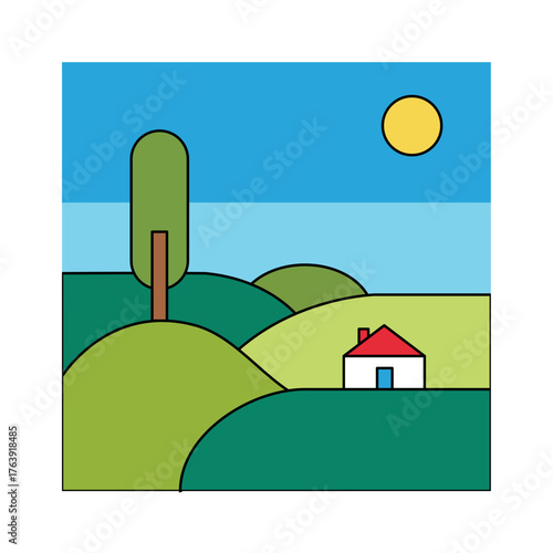 Vibrant minimalist landscape illustration with a small house, green hills, tall tree, and yellow sun.
