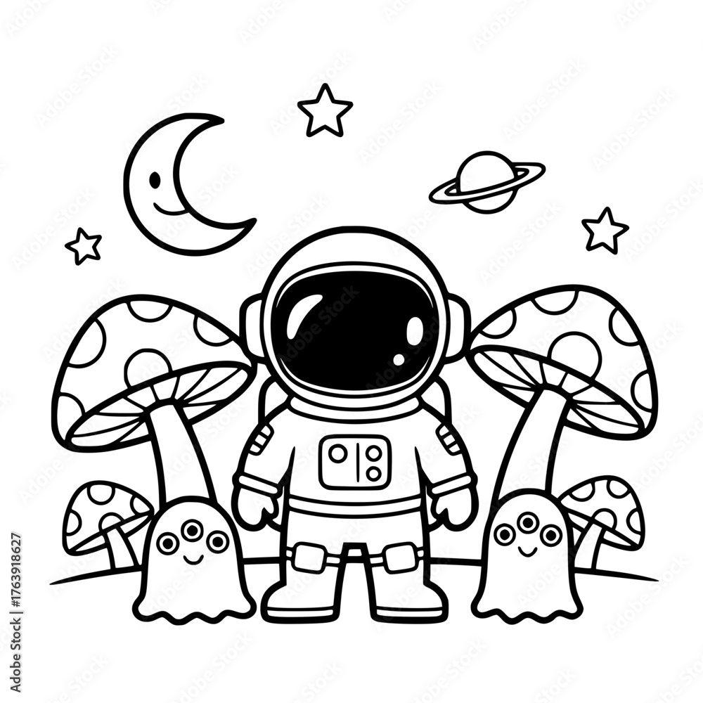 Fototapeta premium Simple Astronaut on Alien Mushroom Planet Coloring Page for Toddlers generative ai 