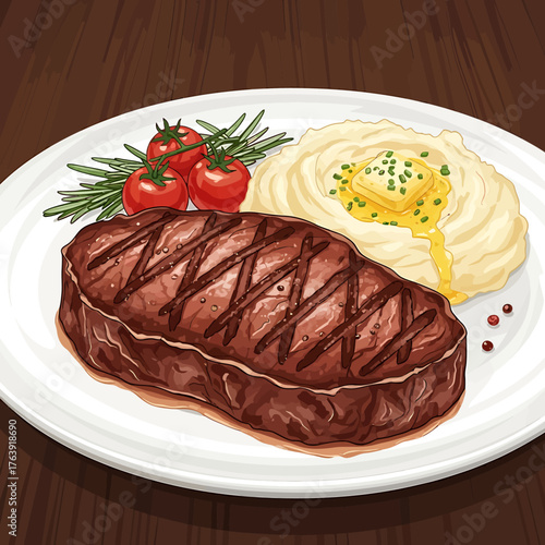 Grilled beef steak with mashed potatoes and cherry tomatoes.